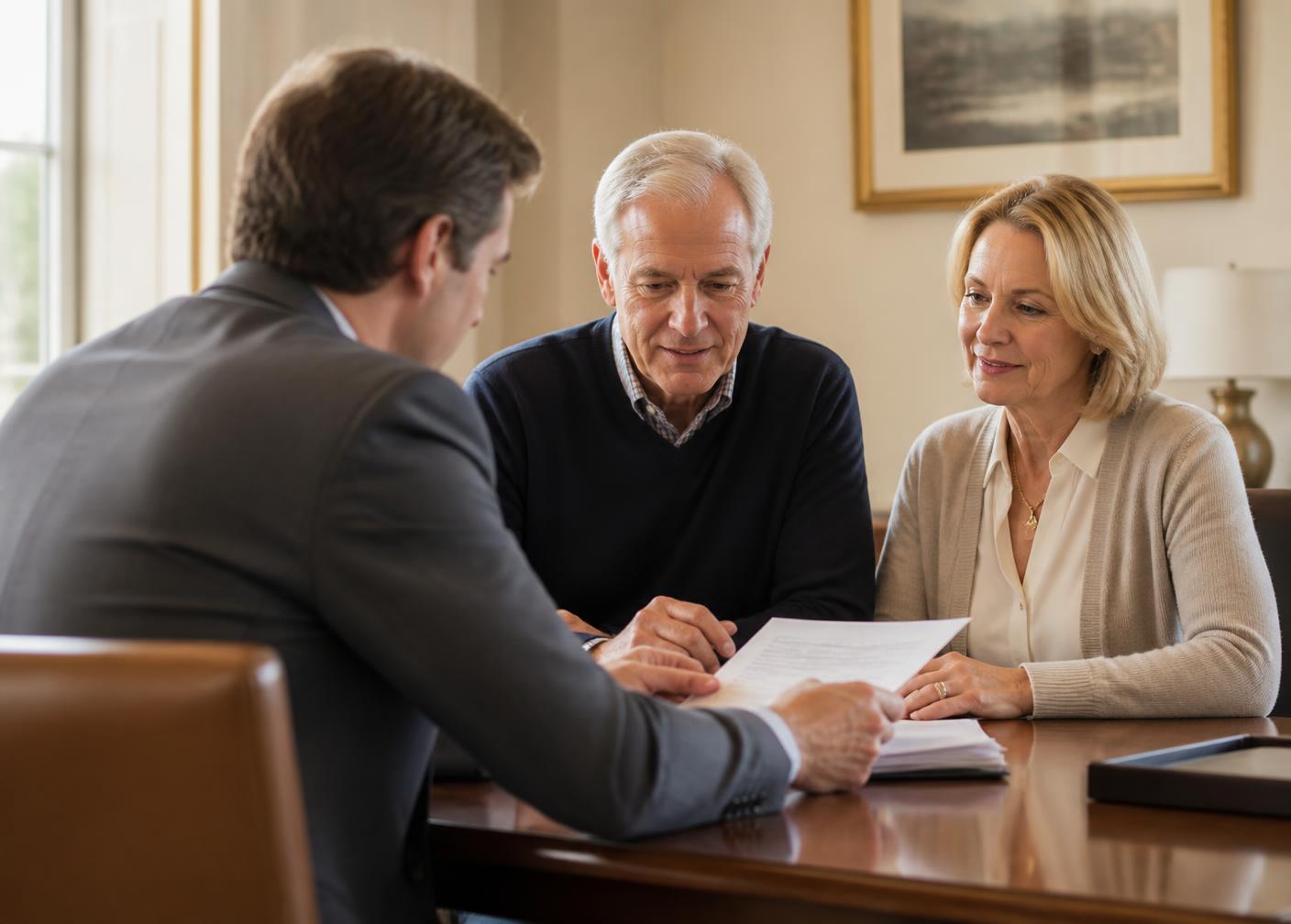 An adviser reviewing planning documents with a mature couple