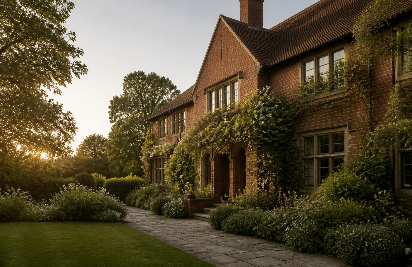 A traditional family home at golden hour with a mature garden